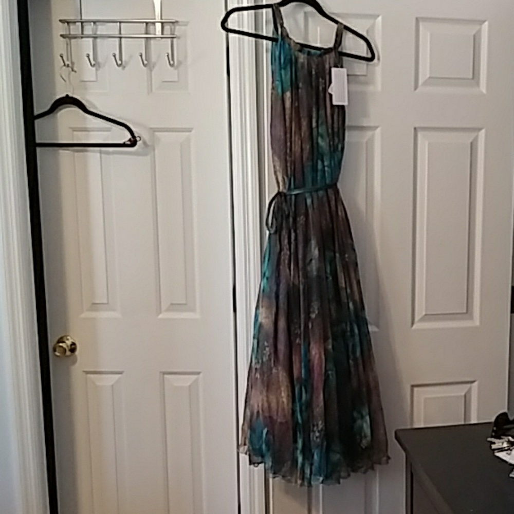 Flowy floral tan and blue floral maxi dress